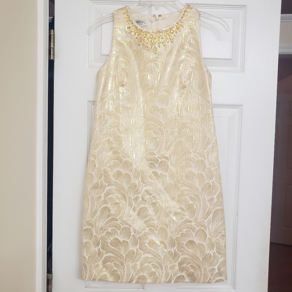 Maggy London Metallic Gold Beaded Shift Dress